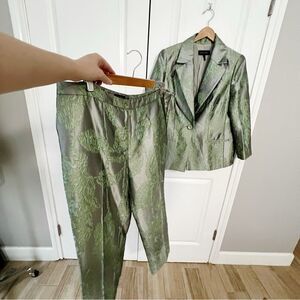 Escada Pant Suit Blazer Jacket Green Silver Metallic Floral Size 44 XL
